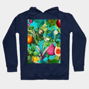 Vibrant tropical floral leaves and fruits floral illustration, botanical pattern, blue fruit pattern over a Hoodie